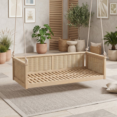 Lit simple en rotin en bois d'acacia et lit de jour suspendu à l'extérieur avec cordes en chanvre