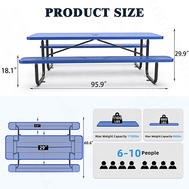 Long Rectangular Picnic Table, Blue