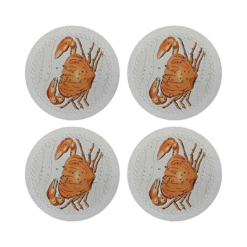 Zodiac Cancer White Vegan Leather Round Coasters, White