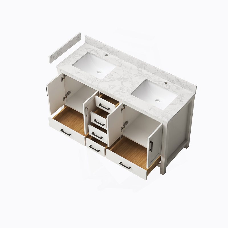 Meuble-lavabo de 59 po de qualité supérieure avec deux lavabos, trous de robinet et beaucoup de rangement en blanc, Blanc