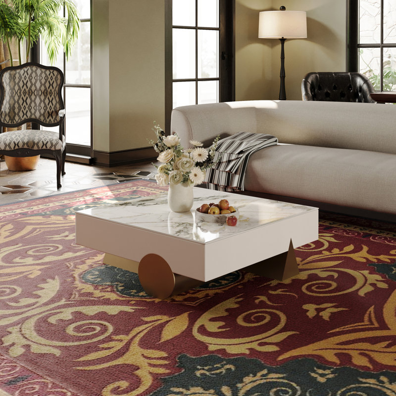 39" Square Modern Metal and Stone Coffee Table with Geometric Legs, Luxury Contemporary Design