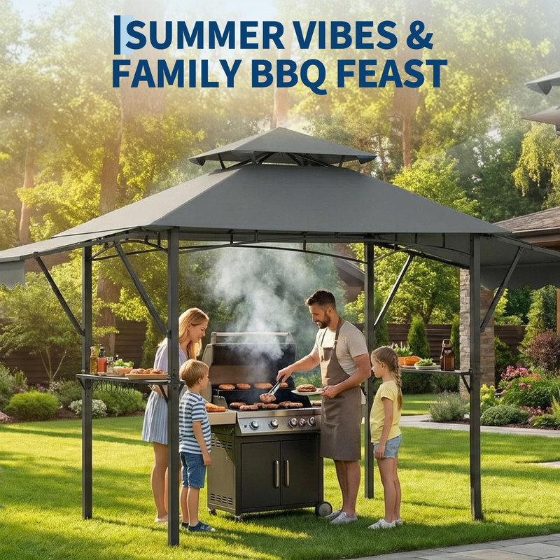 8x5 ft Grill Gazebo with Adjustable Dual Side Awnings, 2-Tier BBQ Canopy with 2 Shelves, Hooks, 4 LED Lights, Ceiling Hook, Steel Frame for Backyard