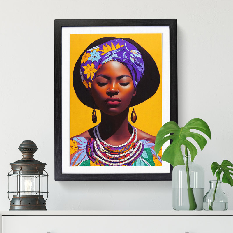 FRM-V0523-55X African Woman Floral - Single Picture Frame Print, 64cm H x 46cm W x 2cm D, Oak Framed