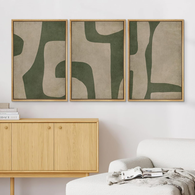 "Abstrait géométrique vert et beige, illustrations, art moderne, décor boho relax zen nordique" - 3 pièces, H 36 po x l 24 po