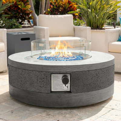 38-inch Round Concrete Propane Fire Pit Table with Tank Cover and Wind Guard,Concrete & Wood Textured Design