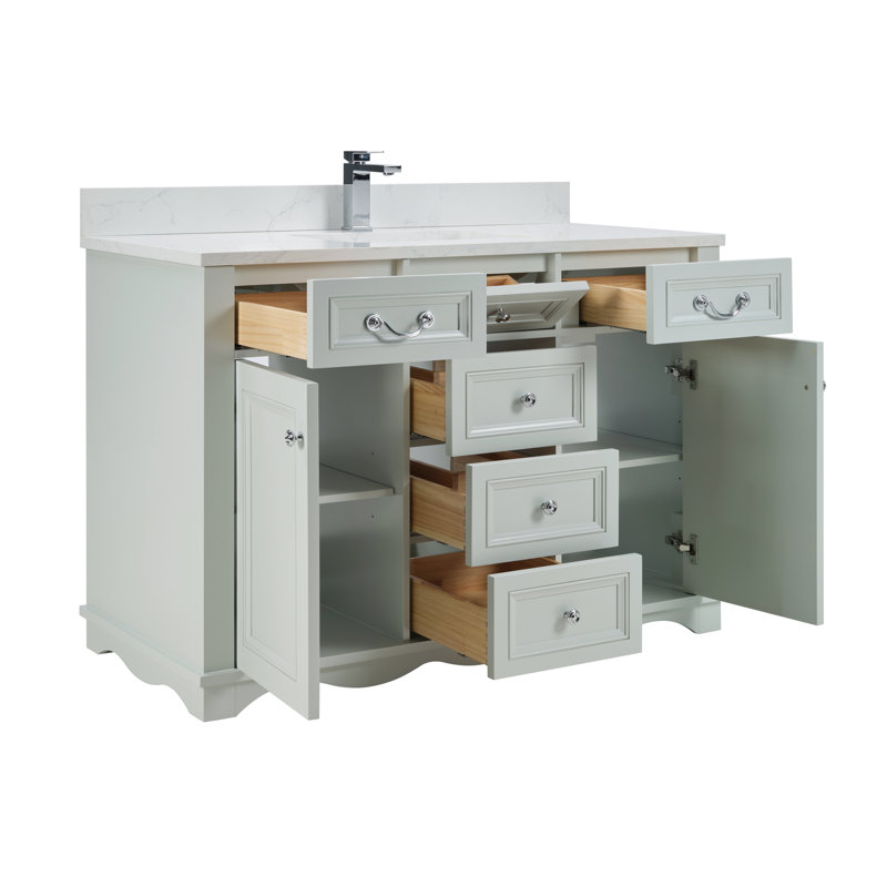 Meuble-lavabo simple 48 po en bois massif avec plateau en marbre d'ingénierie de 1 po, Brin argenté