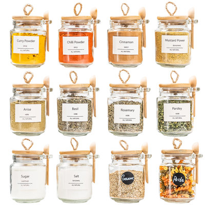 12 pots à épices hermétiques en verre avec couvercles en bambou 8 oz pots à épices blancs avec étiquette et cuillère