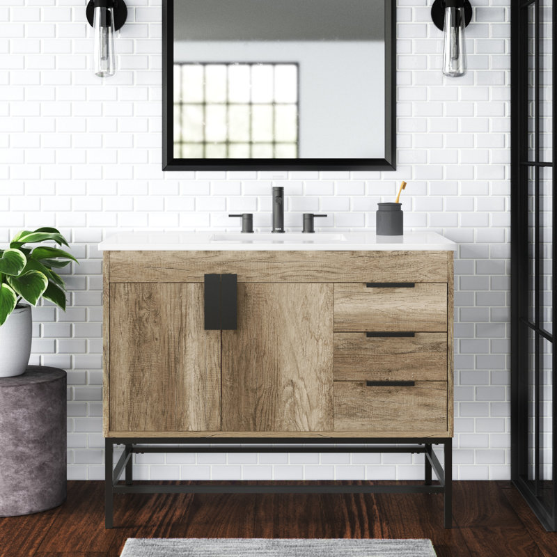 Eugene 42'' Single Bathroom Vanity with Engineered Marble Top, Natural Oak