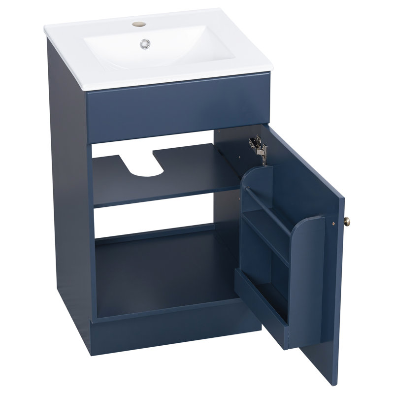 Meuble-lavabo bleu de 20 po avec évier en céramique, cadre, charnières rouillées, conception à débordement et espaces de rangement flexibles