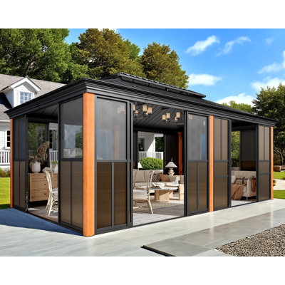10' X 12' Sunroom, Gazebo With Lockable Doors & Wood Grain Appearance, Solarium For Backyard Patio