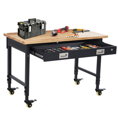 Workbench Adjustable Work Bench, Workbench for Garage Heavy Duty Workstation with 4 Lockable Wheels 2000 LBS Capacity Multipurpose Rubber Wood Shop Table with Power Outlets Hardwood Workbench