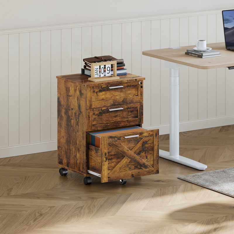 3 Drawer Lockable Filing Cabinet with Adjustable File Rails, 5 Lockable 360° Casters, Under Desk Storage Cabinet for A4 Letter Legal Files, Matte Black/Brown 15.75x19.09x26.77 In