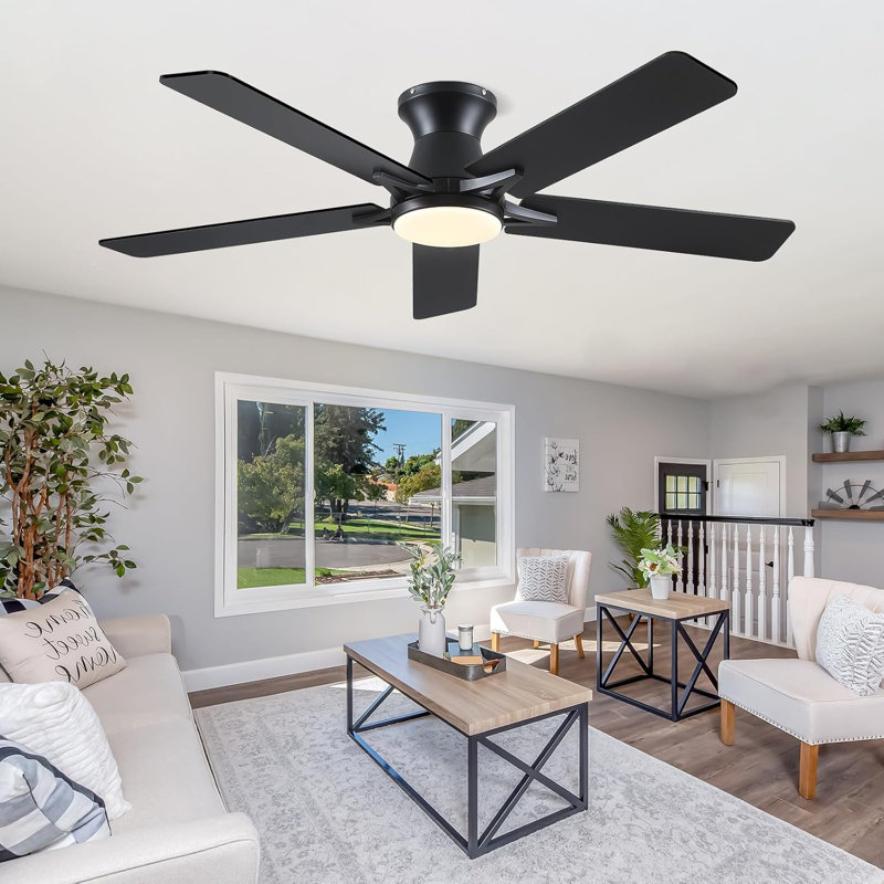 52" 5-blade Low Profile Ceiling Fans With Lights And Remote/App, Black