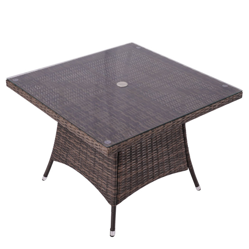 Table de salle à manger d'extérieur carrée en rotin - Table en aluminium facile à assembler avec plateau en verre trempé et trou pour parasol