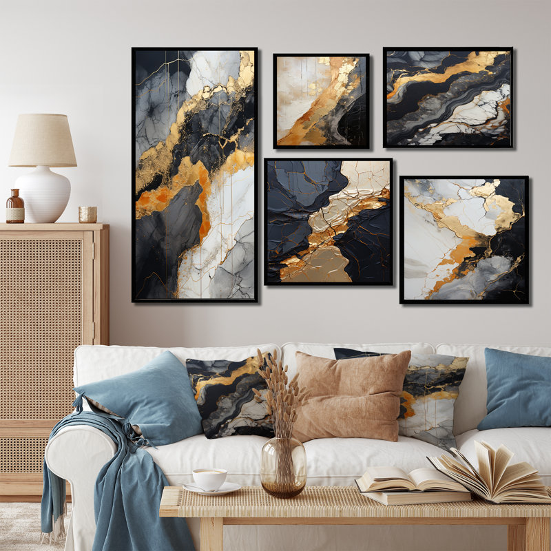 Minimalisme chrome or et orange poteries - ensemble de 5 reproductions d'art abstrait, Cadre flottant noir