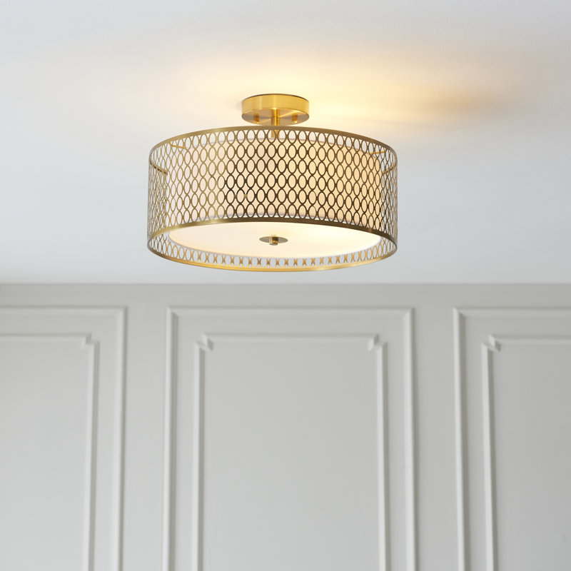 Erika Semi Flush Mount, Gold Effect/White Fabric/Frosted Glass