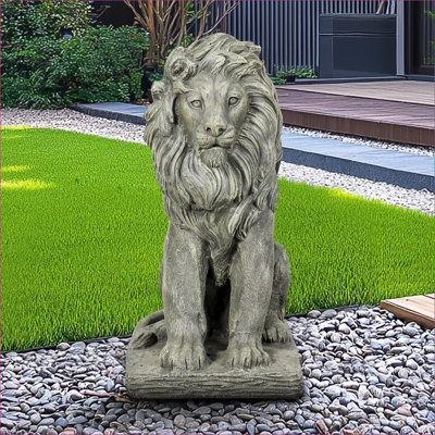 Garden Statues | 22.8 Inch Weather Resistant Handcrafted Guardian Lion Statue for Outdoor Garden Porch Yard | Concrete Cement | slate grey