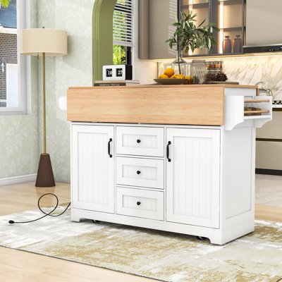 Îlot de cuisine roulant extensible avec 2 abattants, prises de courant intégrées et armoire de rangement