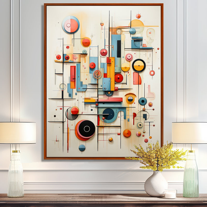 Art géométrique rétro Mid Century, H 20 po x l 12 po x P 1 po, Toile avec cadre flottant brun