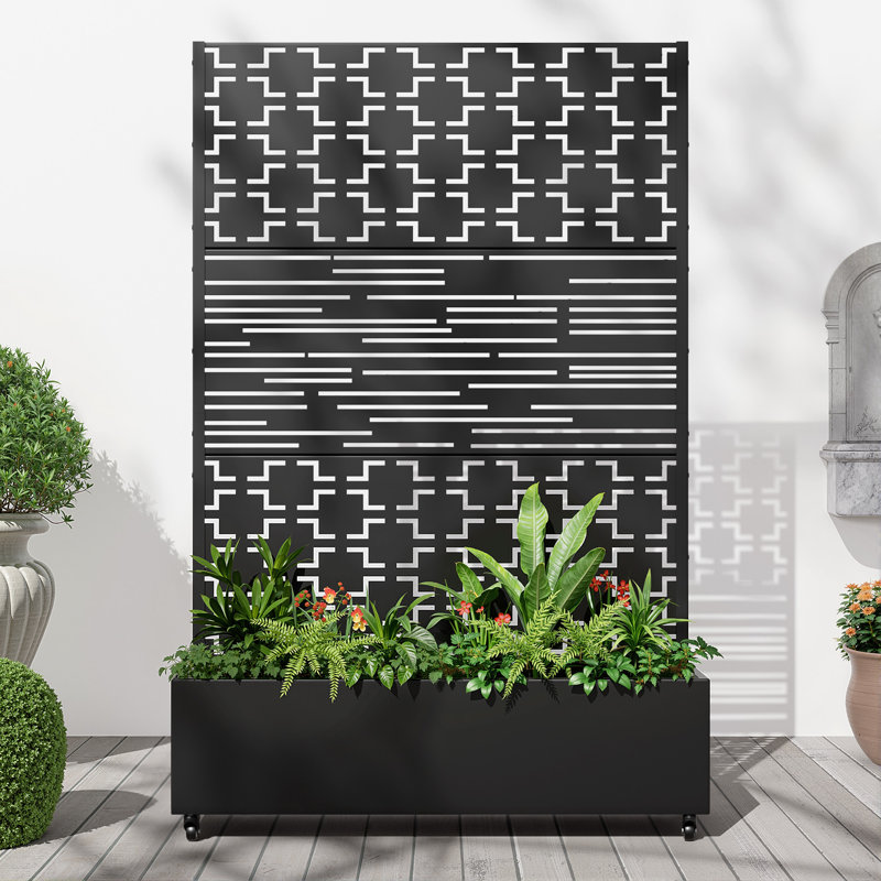 Support pour plante en fer noir avec roues - H 73 po x P 16 po x L 47 po, conception modulaire autoportante, ensemble 1 pièce