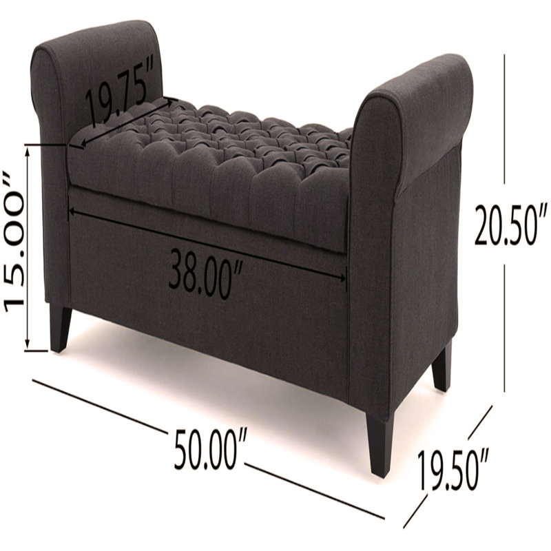 HAYES ARMED STORAGE Contemporary Ottoman Bench, Dark Gray