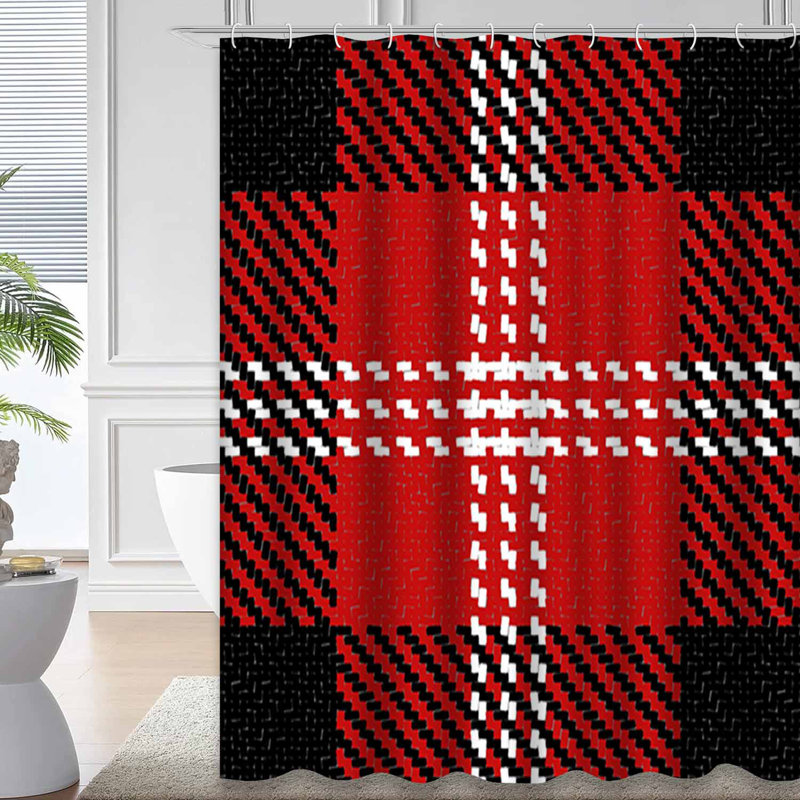 Rideau de douche à carreaux noir et rouge style rustique avec 12 crochets, L 72 po x l 72 po