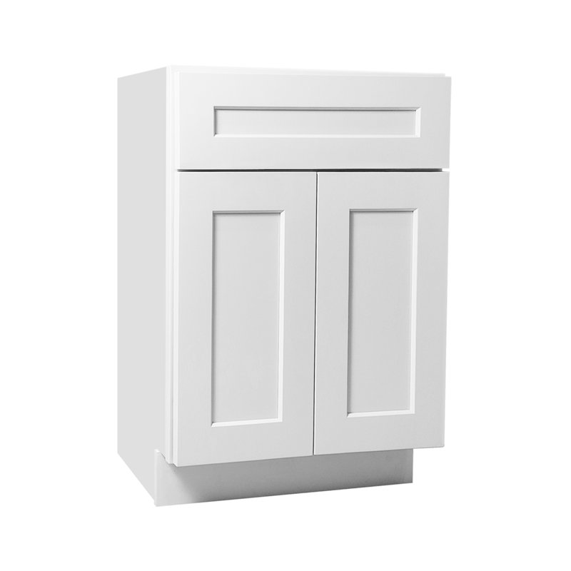 Armoire de cuisine 24 po à double porte, armoire de cuisine Shaker en bois massif avec tablettes réglables et intérieur imperméable, pour le rangement de la salle de bain, blanc, facile à assembler (lavabo non inclus)
