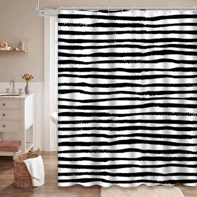 Rideau de douche à rayures noires et blanches avec 12 crochets