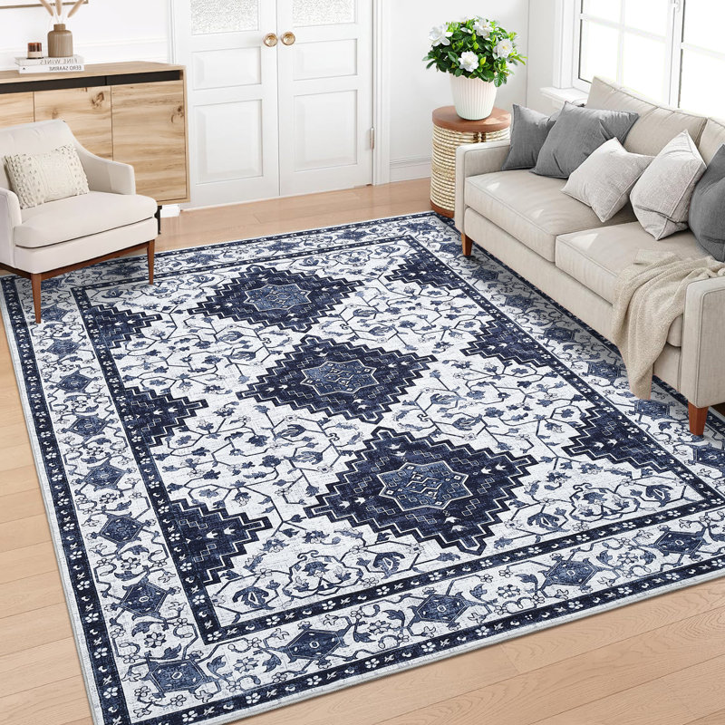 Machine Washable Rug with Rubber Backing for Living Room Oriental Non-Slip Area Rug Easy-Cleaning Vintage Floor Carpet for Bedroom Dining Room