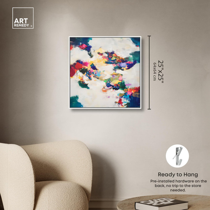 «Spectrum Splash» par Art Remedy, H 25 po x l 25 po, Cadre flottant, Blanc