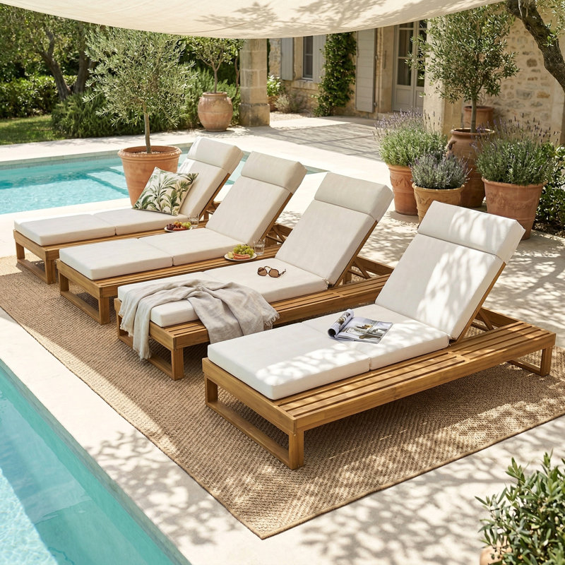 Chaise longue en bois d'acacia à finition teck avec ensemble de coussins beige 4 plis 4 po, chaise longue d'extérieur réglable avec surface latérale plate, pour bord de piscine