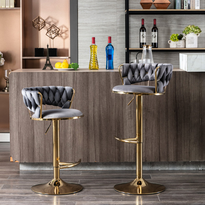 Ensemble de 2 tabourets de bar, revêtement en velours gris, piètement et repose-pieds, hauteur réglable, design élégant, couleurs variées, pivotants et réglables en hauteur, option d'assise moderne