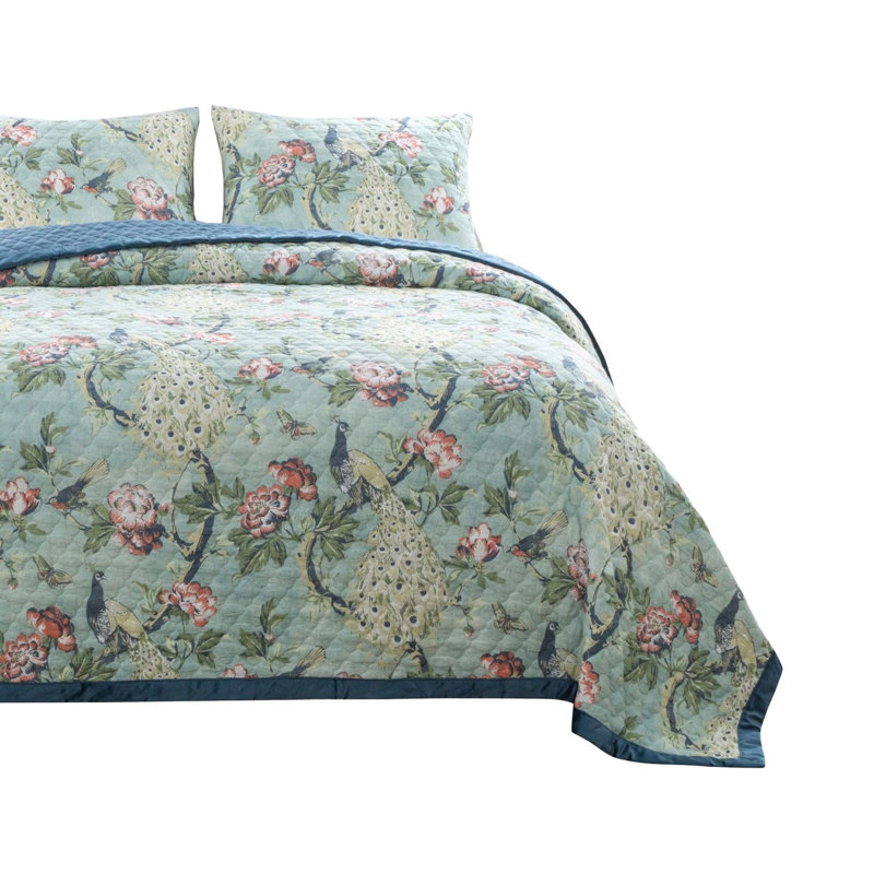 Blue and Green Reversible Microfiber Queen Quilt Set