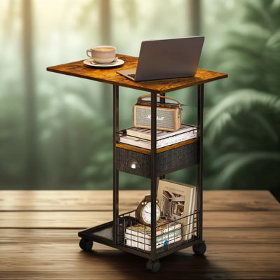 Mobile C-Shaped Side Table With Wheels, Oversized Wood Top And Storage Drawer - Adjustable Overbed Stand For Sofa, Couch, Living Room Or Bedroom