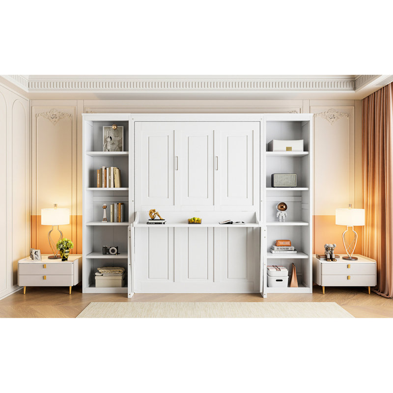 Lit double avec bureau et bibliothèque en blanc - Bibliothèque robuste et spacieuse, Lit double