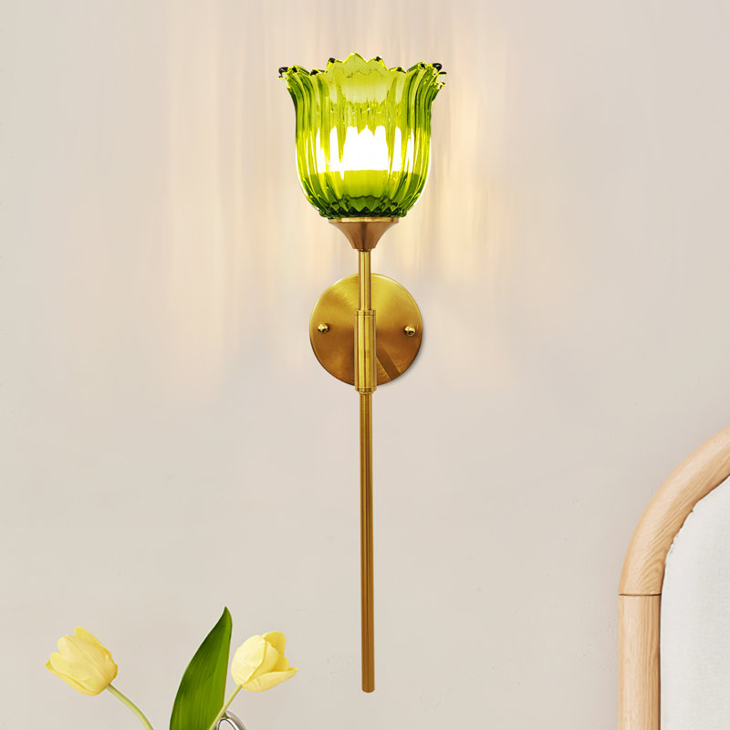  Battery Operated Wall Sconces with Remote, Rechargeable Wireless Gold Wallchiere with Green Rosette Glass Shade, RGB Dimmable Light (Set of 2)