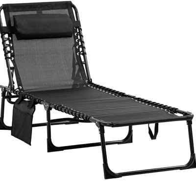 Portable Camping Cot, Folding Sun Lounger Chair. Adjustable , Removable Pillow & Side Pocket. Black For Patio, Garden, Beach. 264 Lbs Load-bearing. Br