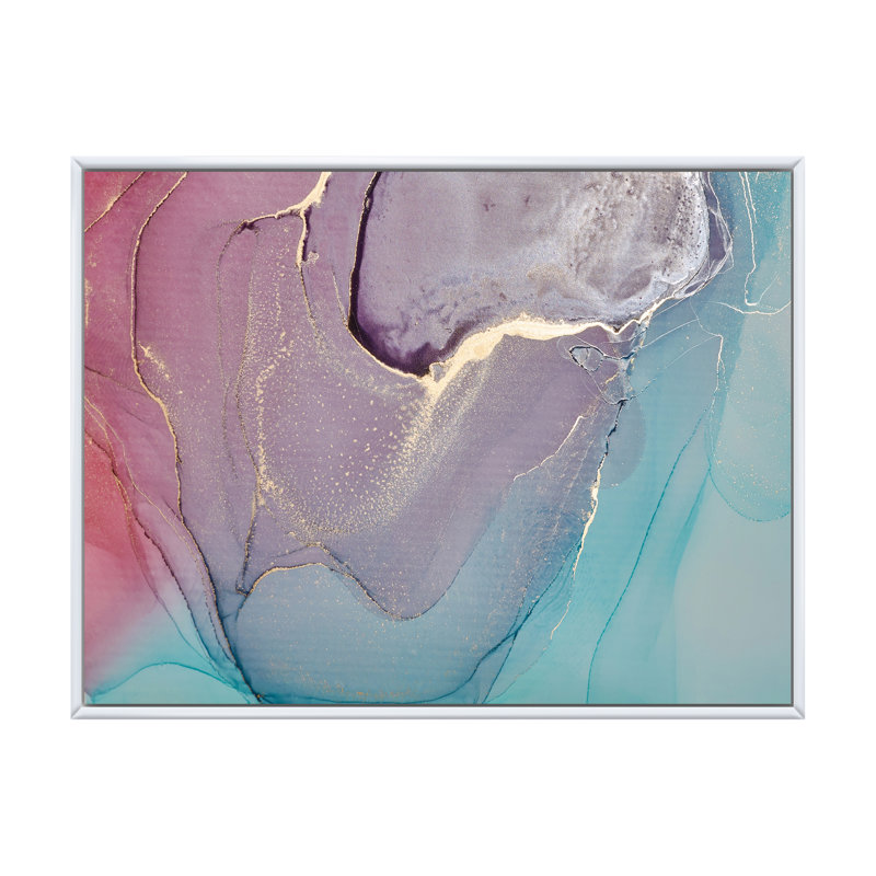 Turquoise et rouge, art liquide I - peinture sur toile, H 24 po x l 32 po, Toile à cadre flottant blanc