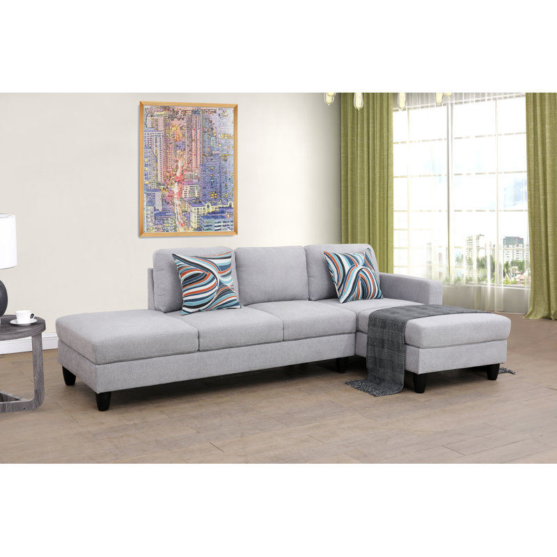 Strom Upholstered L-Shaped Sectional, Gray Linen Blend, Right Hand Facing
