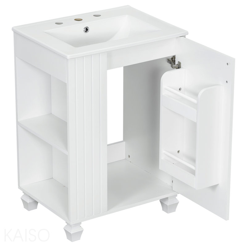 Meuble-lavabo 24 po avec lavabo, armoire de salle de bain avec tablette de porte, rangement latéral ouvert, structure en bois massif, porte à fermeture douce, blanc