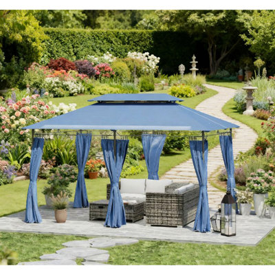 Outdoor Gazebo With Curtains,Double Roof Patio Gazebo,For Garden, Lawn, Backyard And Deck