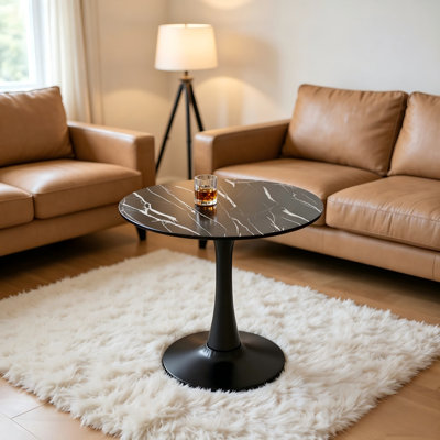 Table ronde, table d'appoint moderne, plateau en panneau de fibres à densité moyenne avec base ronde en acier, petite table basse de style Mid-Century pour le salon, table d'intérieur polyvalente à usage quotidien, marbre noir