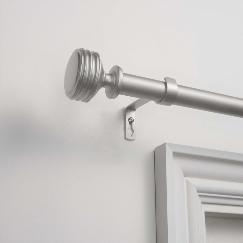 Matte Silver Adjustable Iron Curtain Rod with Ribbed Finials