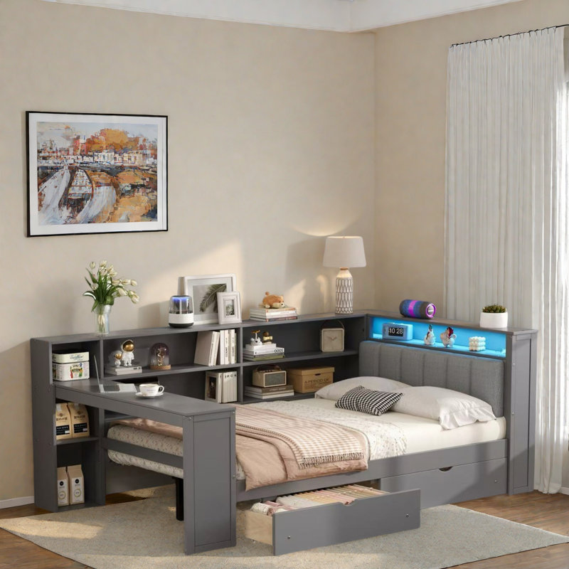Lit de jour en bois avec tablettes de rangement, 2 tiroirs, station de charge, DEL, bureau et tête de lit tapissier, Double