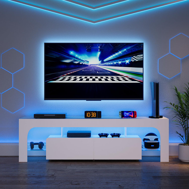 Meuble télé 63 po, meuble télé avec 2 tiroirs et tablette ouverte, Blanc