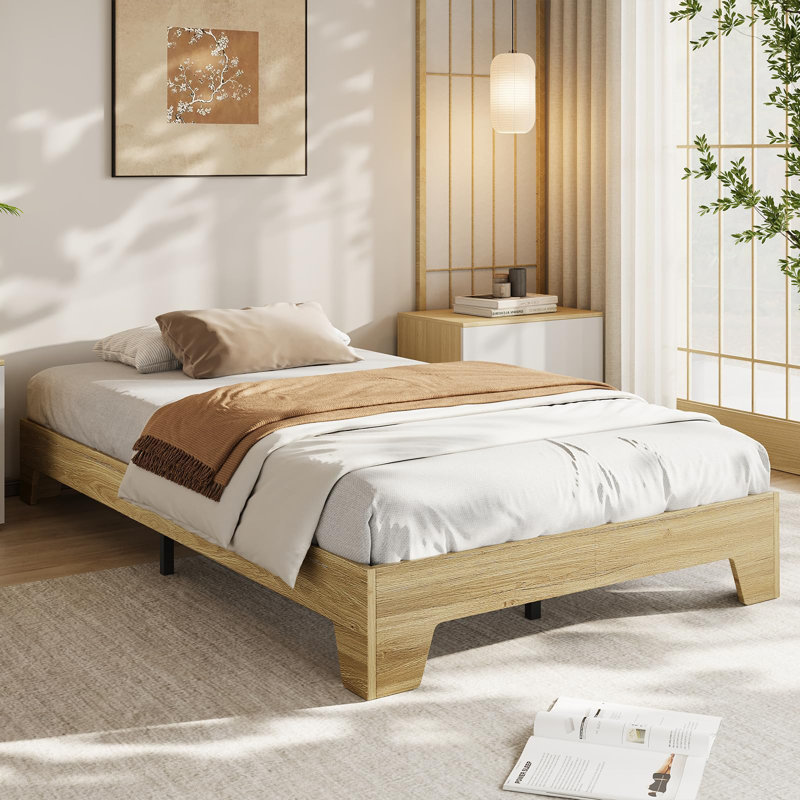 Simple base de lit plateforme en bois de taille XL, base de lit en bois sans tête de lit, silencieux, support de lattes en bois robuste, aucun sommier requis, assemblage facile