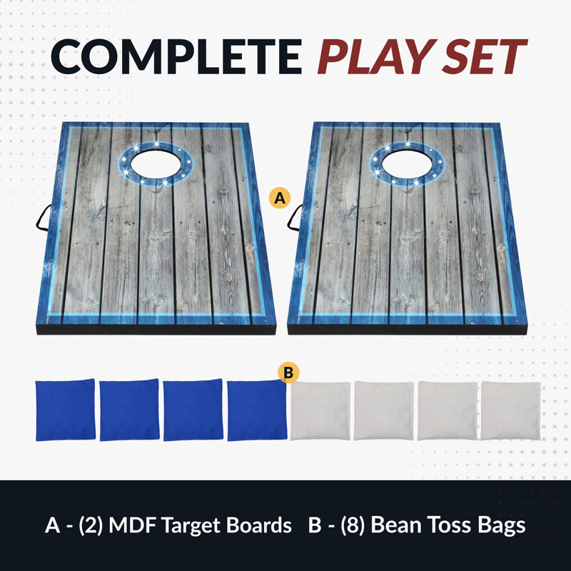 Hathaway Atlantic LED Cornhole Board Set – Includes 8 Rip-Resistant Bean Toss Bags & 2 Target Boards with Built-In Cornhole Lights & Nylon Carrying Bag for Portability – Blue/White