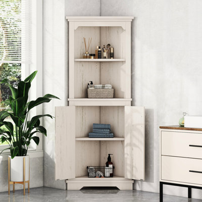 Armoire de coin beige avec porte pour le salon ou la salle de bain - deux tablettes ouvertes, une tablette intérieure et un grand panneau de particules fonctionnel