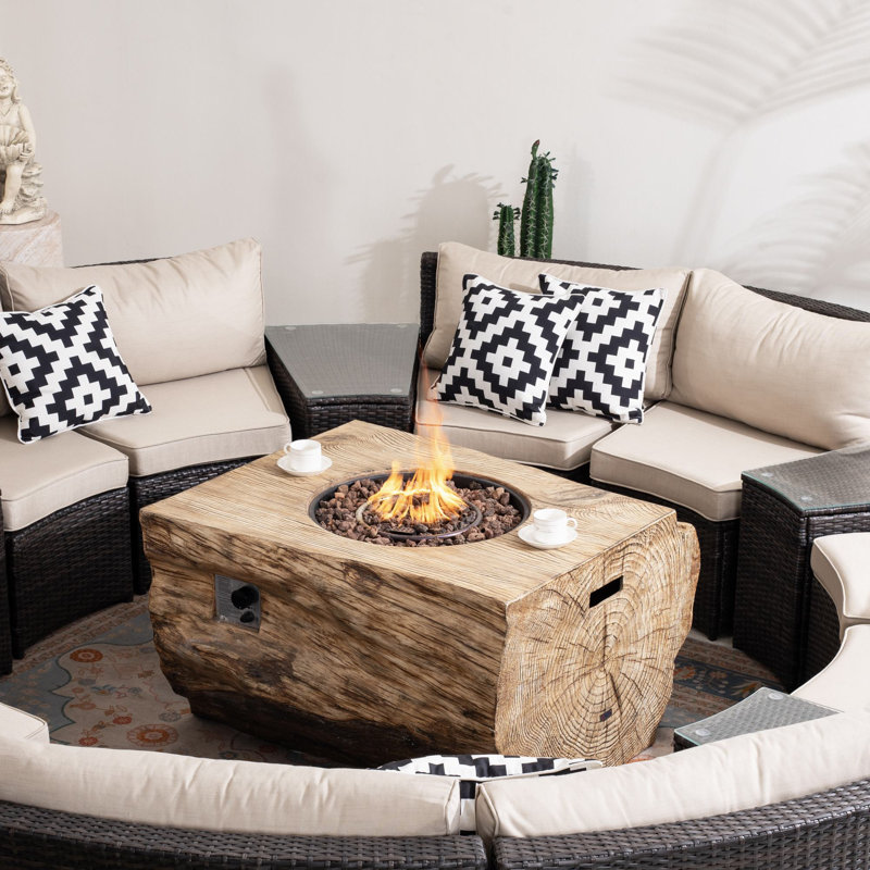 10-Person Wicker Round Sectional Seating Group With Cushions, 15 Pcs: Firepit Table, 10 Chairs, 4 End Tables