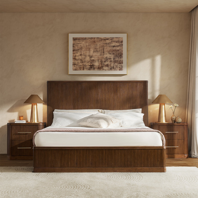 Graciana 60"H Modern Solid Wood Fluted Bed, Walnut, King